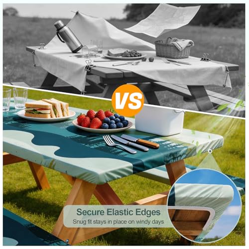 Picnic Table Cover with Bench Covers Camping Essentials Waterproof Windproof Camping Tablecloth with Drawstring Bag, Fitted Rectangle Tables and Seats, 96in, Green Blue - color: Green Blue, size: 96in