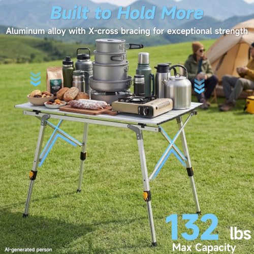 Camping Table Portable Foldable with Adjustable Legs, Aluminum Roll Up Table with Large Mesh Storage Layer & Carrying Bag, Lightweight Outdoor Picnic Table for Camping, Beach, BBQ, Backyard