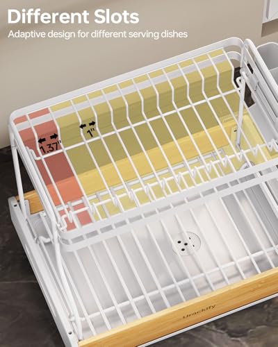 Urackify 2-Tier Dish Drying Rack, Large Stainless Steel & Bamboo Dish Rack for Kitchen Counter, Dish Drainers with Adjustable Automatic Spout, Drying Rack Kitchen with Utensil Holder, White - color: White, size: 2 Tier