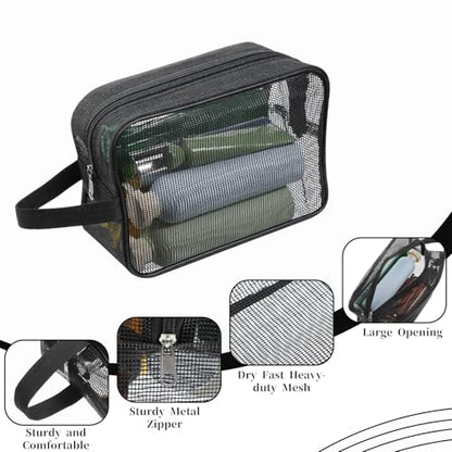 Mesh Shower Caddy Bag for Bathroom Gym Black Portable Toiletry Organizer Gym Shower Mesh Bag Quick Dry Tote Bags with Zipper for Hanging Women Men Dorm Camping Swimming Beach