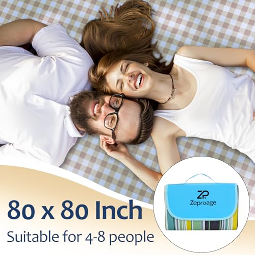 Waterproof Picnic Blankets, 80" x 80" Picnic Mat Outdoor Portable Travel Camping Striped Blue and Green - color: Striped Blue