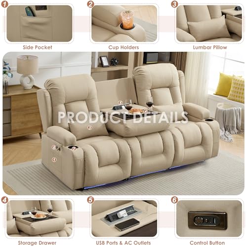 TUNYI Power Loveseat Recliner Sofa with Massage & Heat Home Theater Seating with Console RV Recliner Loveseat Sofa with USB/Storage/Side Pocket/LED Light/Speaker (Beige, 3 Seat) - color: Beige, size: 3 Seat