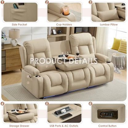 TUNYI Power Loveseat Recliner Sofa with Massage & Heat Home Theater Seating with Console RV Recliner Loveseat Sofa with USB/Storage/Side Pocket/LED Light/Speaker (Beige, 3 Seat) - color: Beige, size: 3 Seat