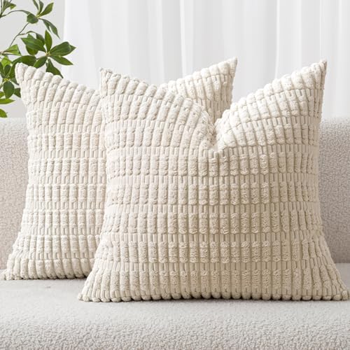 MIULEE Pack of 2 Corduroy Decorative Throw Pillow Covers 12x12 Inch Soft Boho Striped Pillow Covers Modern Farmhouse Home Decor for Sofa Living Room Couch Bed Cream White - color: Cream White, size: 12" x 12" (Pack of 2)
