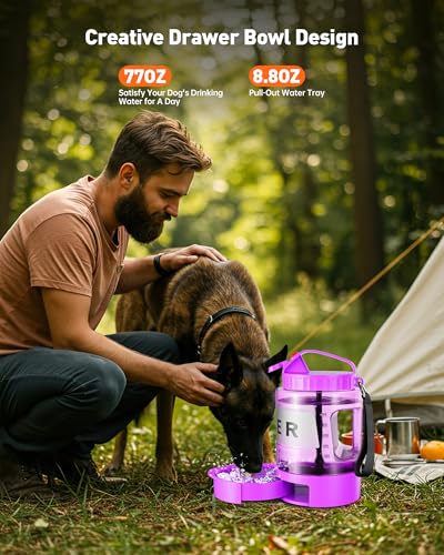 Dog Water Bottle Portable - 77 oz Dog Water Bottle with Bowl Leak Proof, 2 in 1 Pet Travel Cup Suitable Outdoor, Camping, Walking, Beach, Hunting, Large Pet Gear for Dog Lovers （Purple）