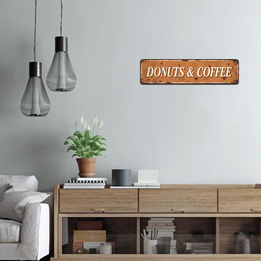 Donuts and Coffee Metal Sign - Retro Diner Sign for Kitchen or Dining Room, 4 x 16 Inch - color: V-112