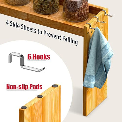 Mount Walker Bamboo Over the Stove Spice Rack, Stove Shelf with 6 Hooks for Back of Stove, 31.5" Kitchen Counter Shelf, Heat-Resistant, Kitchen Countertop Shelf for Spice Organization - color: Bamboo