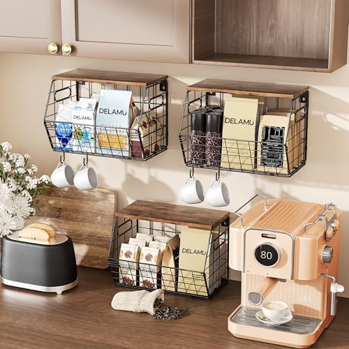 Delamu Stackable Metal Fruit Basket with Wood Lid 3 Pack, Hanging Wall Organizer for Kitchen Counter, Pantry Storage for Onions, Potatoes, Garli, Fruits, Spices, Black - size: 3 Pack