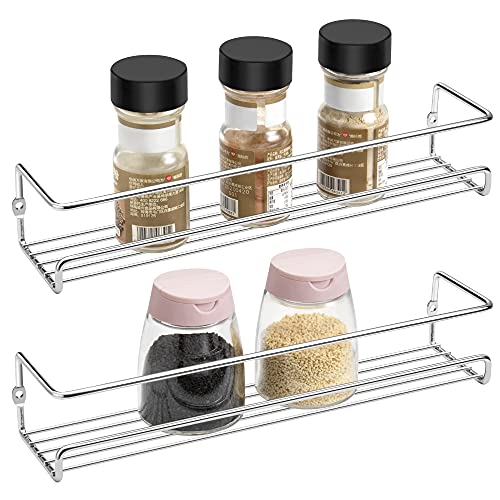 Lonian 2-Tier Wall Mounted Spice Rack Organizer, Chrome Metal Spice Shelf Storage Basket for Kitchen Cabinet/Pantry Door, Includes Drilling & No-Drilling Installation Options