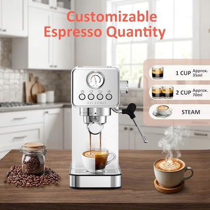 AYCHIRO 20 Bar Semi-Automatic Espresso Machine, Adjustable Espresso Machine with Pressure Gauge, Compact Espresso Maker with Steam Wand, Cup Warmer for Home & Office - color: Stainless Steel