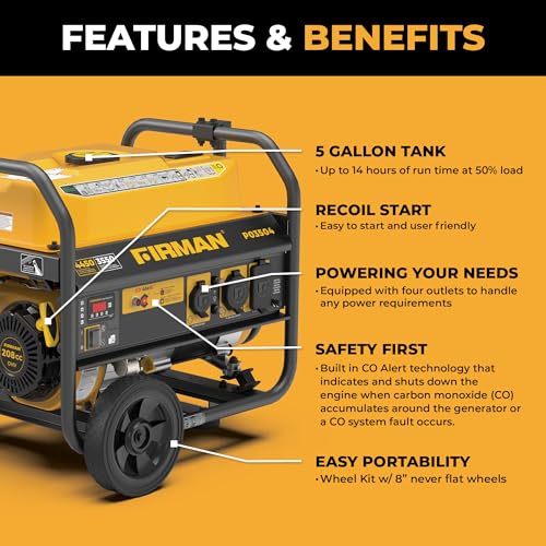 FIRMAN P03504 Gas Portable Generator, 120V Recoil Start | 4450 Starting Watts, CO Alert Safety System, RV Ready Outlets, 5 Gallon Fuel Tank, 14-Hr Runtime for Home Backup Outdoor Use