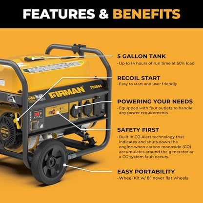 FIRMAN P03504 Gas Portable Generator, 120V Recoil Start | 4450 Starting Watts, CO Alert Safety System, RV Ready Outlets, 5 Gallon Fuel Tank, 14-Hr Runtime for Home Backup Outdoor Use