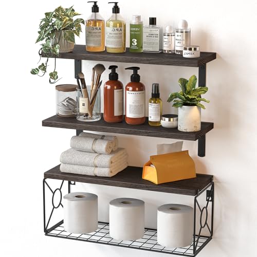 Amada Bathroom Shelves Over Toilet with Storage Basket, Floating Wall Shelf for Home Organization & Wall Decor, Bathroom/Kitchen/Living Room Shelves–Rustic Brown - color: Dark Carbonized Brown