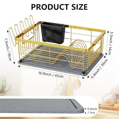 Dish Drying Rack Gold with Diatomaceous Earth 1 Tier,Multifunctional Dish Racks for Kitchen Counter Quick-Drying,Large Capacity Space Saving with Cutlery Cups Holder - color: Gold, size: 1 Tier