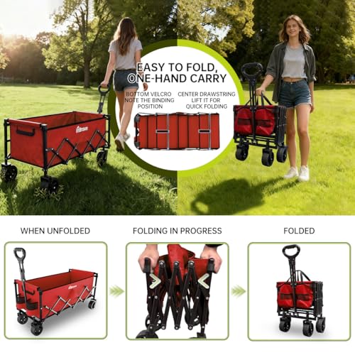 Extra Long Collapsible Wagon Cart, 480LBS Heavy Duty Utility Wagons with All-Terrain Wheels, Foldable Grocery Carts for Gardening, Shopping, Beach, Camping, Cherry Red - color: Cherry Red