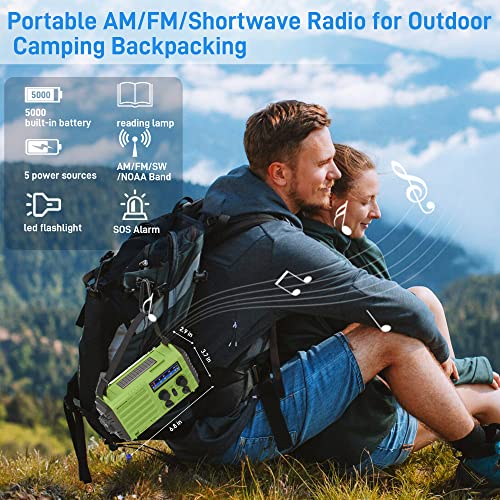 NOAA Weather Radio, Emergency Hand Crank Radio with Solar Charger, Portable Battery Operated AM FM Shortwave Radio with LED Flashlight, USB Charger, Earbud Jack, SOS Alert for Home Survival Hurricane - color: Green