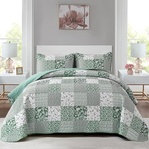 Mybedsoul Green Quilt Set Full Size, 3 Pieces Plaid Floral Bedspread Set Patchwork Reversible Bedding Set Microfiber Lightweight Bedspread Coverlet Set for All Season 78"x90" - color: Green, size: Full