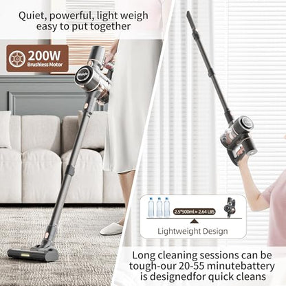Mojojo Cordless Stick Vacuum Cleaner, 23KPa Handheld Rechargeable Battery Lightweight Small Silver Gray Electirc Broom, 55Mins Runtime for Home Hard Floor Carpet Pet Hair Cleaning