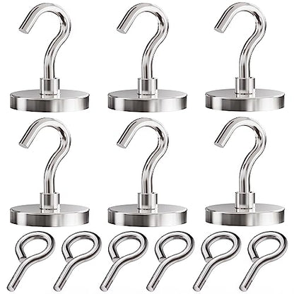 Neodymium Heavy Duty Magnet Hooks, 200 lbs Fishing Magnets 1.65 Inch Magnets with Countersunk Hole (Hook & Eyebolt) Included for Fishing, Workplace, Home (Silver, Pack 6) - size: 6 Pack