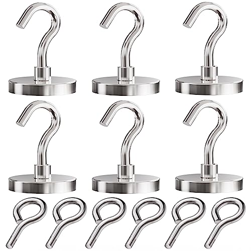 Neodymium Heavy Duty Magnet Hooks, 200 lbs Fishing Magnets 1.65 Inch Magnets with Countersunk Hole (Hook & Eyebolt) Included for Fishing, Workplace, Home (Silver, Pack 6) - size: 6 Pack