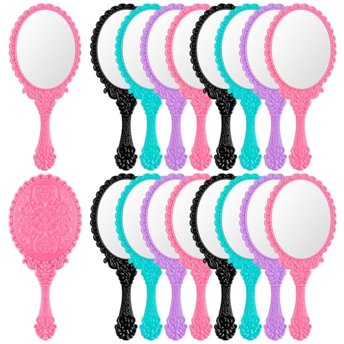 Yalikop 16 Pcs Vintage Handheld Mirror with Handle Small Cute 3.11" x 7.09"Embossed Princess Handheld Mirror for Women Gifts Princess Party Favors Travel Makeup Supplies(Black, Green, Purple, Pink) - color: Black, Green, Purple, Pink