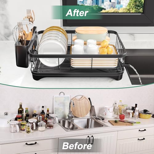 Dish Drying Rack for Kitchen Counter – Large Capacity Single Tier Dish Drainer with Utensil Holder & Cutlery Tray, Space Saving Countertop Organizer, Black - color: Single Tier - Black