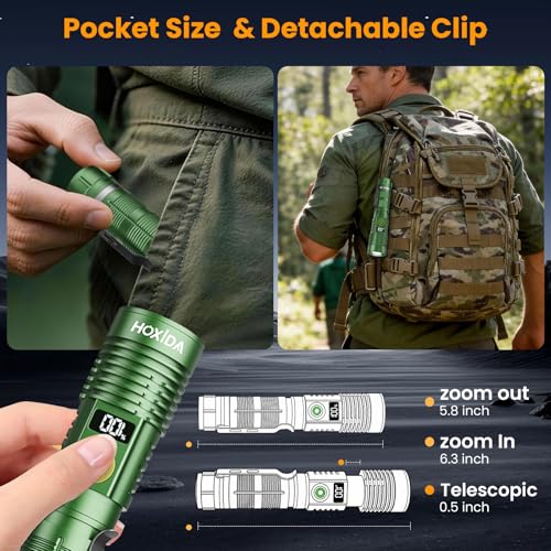 Hoxida Rechargeable Flashlights 2 Pack, 6 Modes Zoomable Powerful Tactical Linternas with LCD Digital Display, Super Bright High Lumens Handheld Magnetic Flashlights for Home Emergencies Camping - color: Green