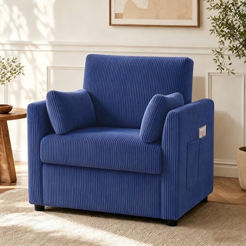 38" Modern Accent Chair, Corduroy Chair with Soft Pillows and Side Pockets, Comfy Single Reading Chairs for Living Room, Bedroom Navy Blue - color: Chair & Navy Blue 38"