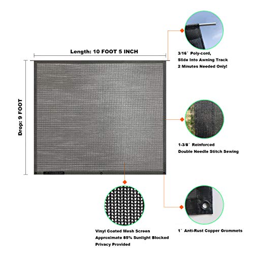 Shadeidea RV Sun Shade Screen for RV Awning - 9' X 10' 5'' (fit for 11' Awning) Black Mesh Sunshade Motorhome Camping Trailer Screen Shade UV Sunblocker Canopy Sunscreen - 3 Year Warranty - size: 9' 0'' x 10' 5'' -Actual Measurement