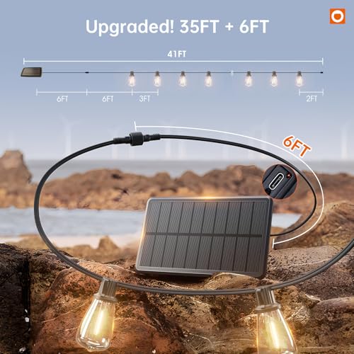 addlon 35FT Solar String Lights Outdoor, IP54 Waterproof Solar Powered with Remote & USB Port, 10+1 LED Shatterproof Bulbs, Dimmable Solar Light Outdoor for Camping Backyard Bistro Porch - size: 35FT