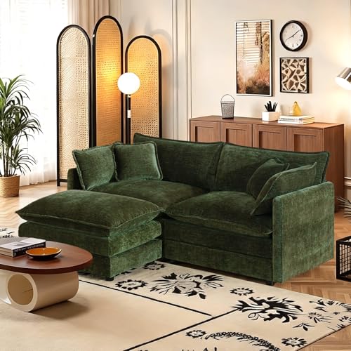 SoarFlash Chenille Sectional Sofa, Comfy L Shaped Modular Coush Sofa with Ottoman, Modern 2 Seat Couch Deep Seat Sofa Set for Living Room,Green - color: Green, size: 2 Seat+1 Ottoman