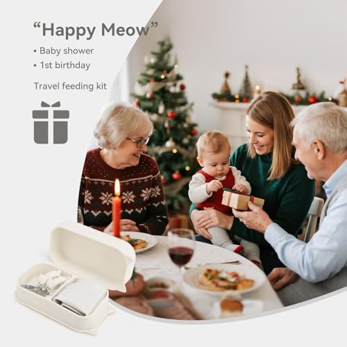 Baby Travel Essentials 6 Pc Feeding Set - Cute Cat Toddler Plates with Suction, 304 Stainless Steel Spoon & Fork, Foldable Silicone Bib in Travel Case - BPA-Free Airplane Travel Gear (Beige) - color: Beige
