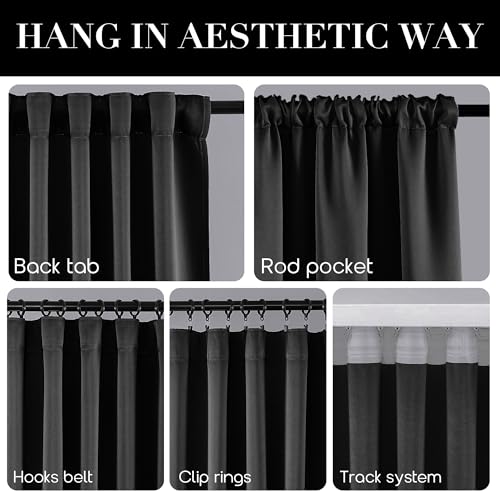 SHINELAND 72 Inch Long Thermal Insulated Blackout Curtains, Back Tab Rod Pocket Black Out Drapes for Summer Heat 2 Panels Set - color: Black, size: 52"W x 72"L (Pack of 2)
