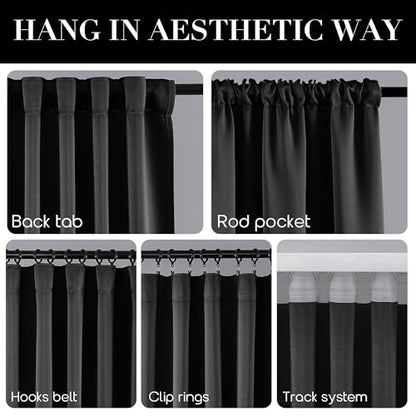 SHINELAND 72 Inch Long Thermal Insulated Blackout Curtains, Back Tab Rod Pocket Black Out Drapes for Summer Heat 2 Panels Set - color: Black, size: 52"W x 72"L (Pack of 2)