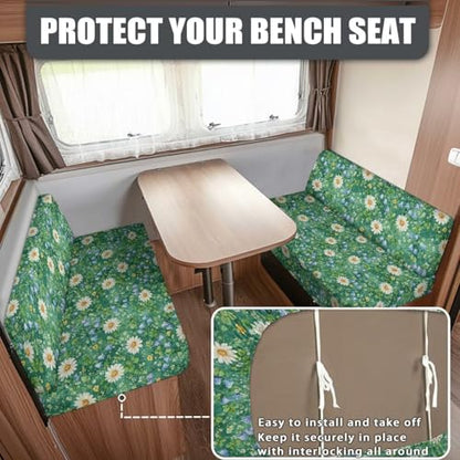 Daisy Floral Green Grass Print RV Dinette Cushion Covers Camper Sofa Cushion Cover Stretchable RV Dinette Seat Covers 2Pcs with Backrest & Bench Cover 2Sets - color: Daisy Floral Green Grass