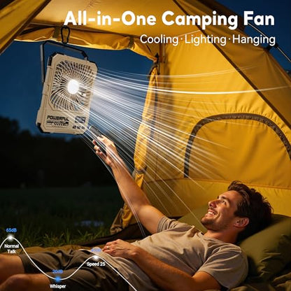 Portable Fan, Camping Fan, 20000mAh 6-Inch 18-85H Rechargeable Ultra Thin Foldable with Built-in Power Bank, LED Light, Remote Control, Hook for Outdoor Camping Tent RV Travel (Khaki) - color: Khaki