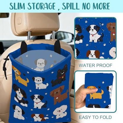 Car Garbage Bag Cartoon Dogs and Paw Prints Drawstring Car Trash Bag Hanging for Back Seat with Adjustable Buckle Canvas Vehicle Trash Can Easy-to-Install - color: Cartoon Dogs and Paw Prints