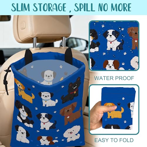 Car Garbage Bag Cartoon Dogs and Paw Prints Drawstring Car Trash Bag Hanging for Back Seat with Adjustable Buckle Canvas Vehicle Trash Can Easy-to-Install - color: Cartoon Dogs and Paw Prints