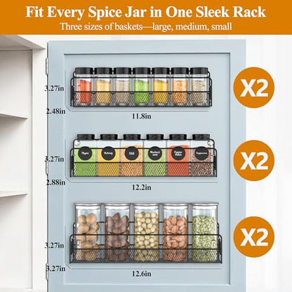 Wall Mounted Spice Rack Organizer, Pantry Door Organizer & Hanging Storage Baskets, Metal Spice Shelf for Kitchen Cabinet, 3 Depth Sizes Hold Large Jars to Nail Polish Bottles, 6 Pack - size: 6 Tier