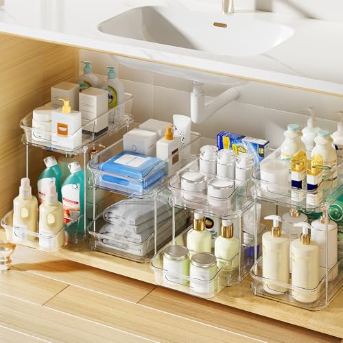 Delamu 2-Tier Under Sink Organizers and Storage, Multi-Purpose Stackable Bathroom Cabinet organizers, Pull Out Kitchen Pantry Organization and Storage with Dividers(4 Pack, Clear) - color: Clear, size: 4 Pack