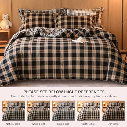 100% Cotton Comforter Set Queen Size – Reversible Yarn-Dyed Checkered Design, Soft Washed Cotton on Both Sides, Lightweight All-Season Bedding, Machine Washable(Black Red Plaid, 90”x90”) - color: Black Red, size: Queen(90"x90")