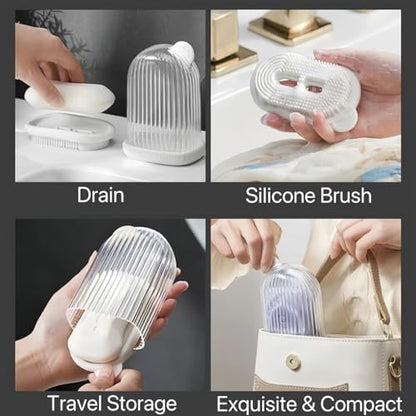Travel Soap Case Container Leakproof Bar Soap Box with Lid Soap Holder with Draining Layer and Silicone Brush Portable Soap Dishes for Traveling Camping Gym Shower Outdoor (Pink) - color: Pink