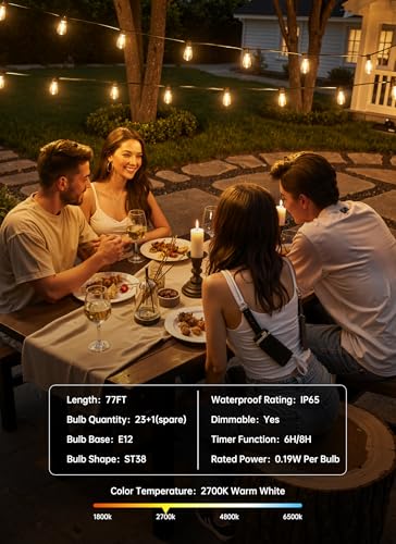 Minetom 77FT Outdoor String Lights with Remote, Shatterproof ST38 LED Bulbs, Waterproof Patio Lights with 3 Modes, Dimmable & Connectable 2700K Hanging Lights for Backyard Porch Deck Balcony - size: 77FT 23LED