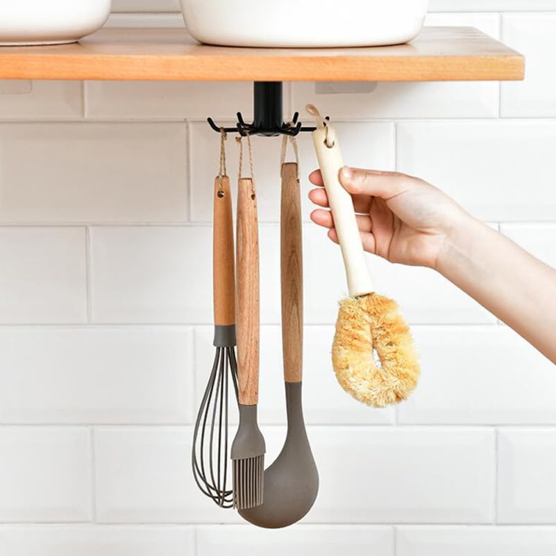 Rotatable 6-Hook Wall Mounted Organizer Rack for Kitchen and Bathroom Punch-Free Installation Space-Saving Holder for Utensils and Accessories on Smooth Surfaces