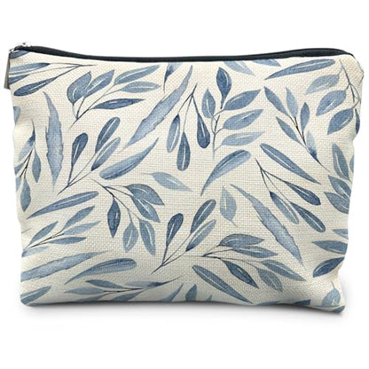 Blue Floral Makeup Bag Pouch, Blue and White Chinoiserie Makeup Pouch, Floral Cosmetic Bag, Boho Botanical Leaves Cosmetic Bag for Women - color: Blue Leaves