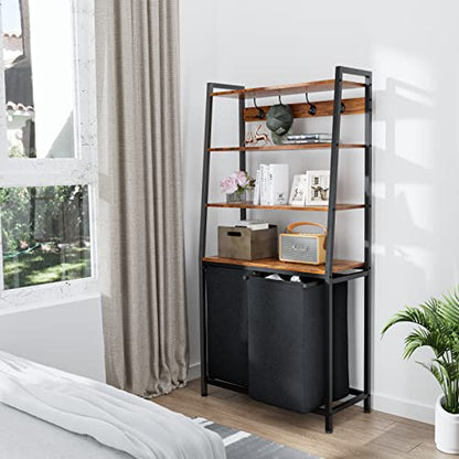 Furnulem 4 Tiers Laundry Hamper with Shelf and Hooks, Tall Laundry Basket Sorter with 2 Removable Bags, Double Clothes Hampers Organizers for Bathroom Bedroom