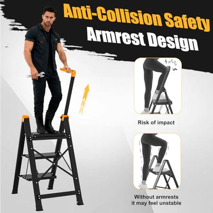 3 Step Ladder with Single-Handrail, Aluminum Step Stool Foldable, Lightweight Sturdy Step Ladder with Anti-Slip Pedals,Convenient Handrail for Home Kitchen Closet, 600lbs Max Load Capacity (Yellow) - color: Yellow, size: 3 steps