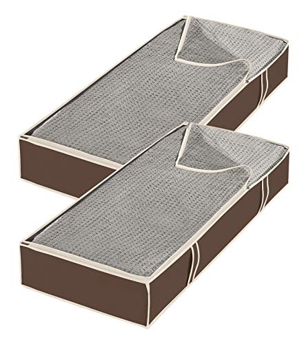 Whitmor Under Bed Storage Bags 2 Pack, Zippered Underbed Storage Containers with Clear Window and Handles, Foldable Clothes Blanket Storage Organizer, 18 x 42 x 6 Inches, Java