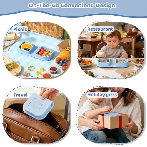 Blue Silicone Foldable Feeding Set, Travel Baby Feeding Supplies Including Toddler Plates, Silicone Baby Spoon&Fork, Adjustable Foldable Bib, Portable Infant Toddler Utensils - color: Blue