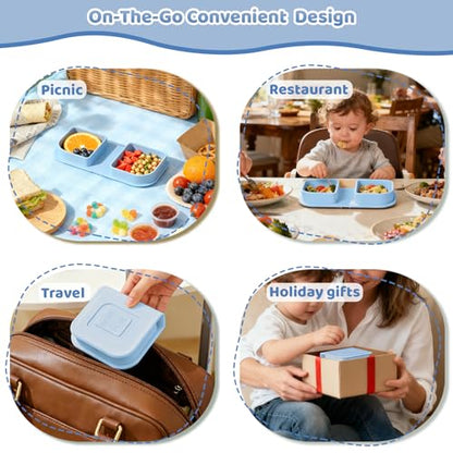 Blue Silicone Foldable Feeding Set, Travel Baby Feeding Supplies Including Toddler Plates, Silicone Baby Spoon&Fork, Adjustable Foldable Bib, Portable Infant Toddler Utensils - color: Blue